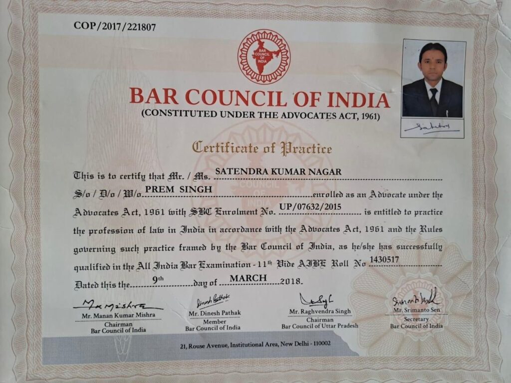 Advocate Satender Nagar Certificate